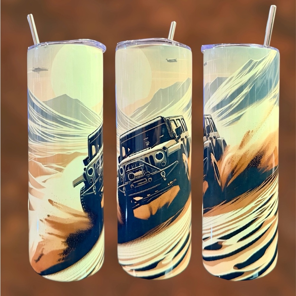 20oz Hot/cold Tumbler New Custom Made Jeep Desert Theme plus bonus items